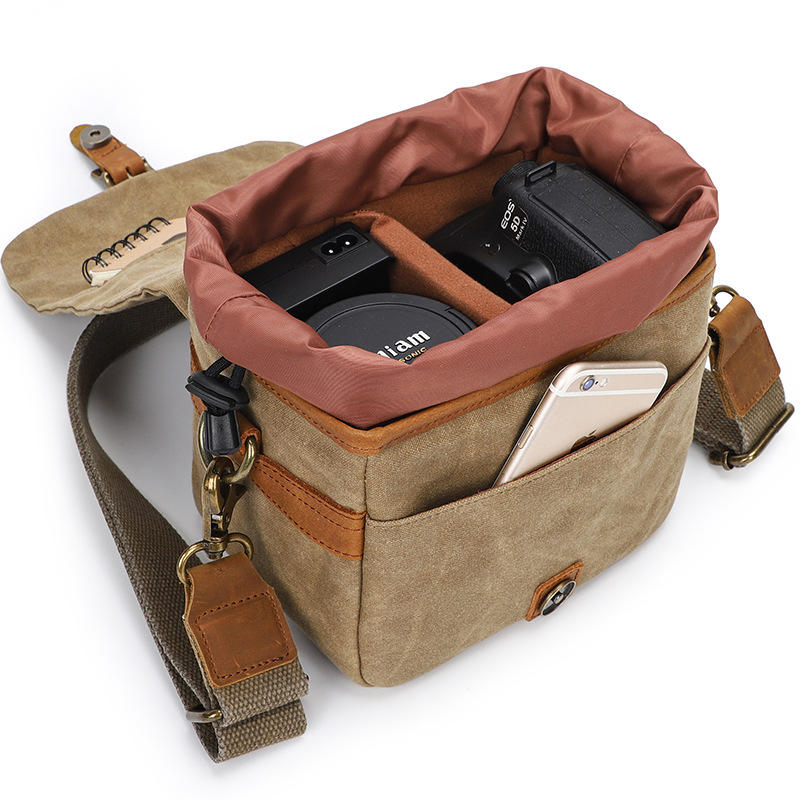 Personalize a bolsa de tiracolo para câmera de couro de lona à prova d'água para homens e mulheres bolsa de câmera vintage acolchoada