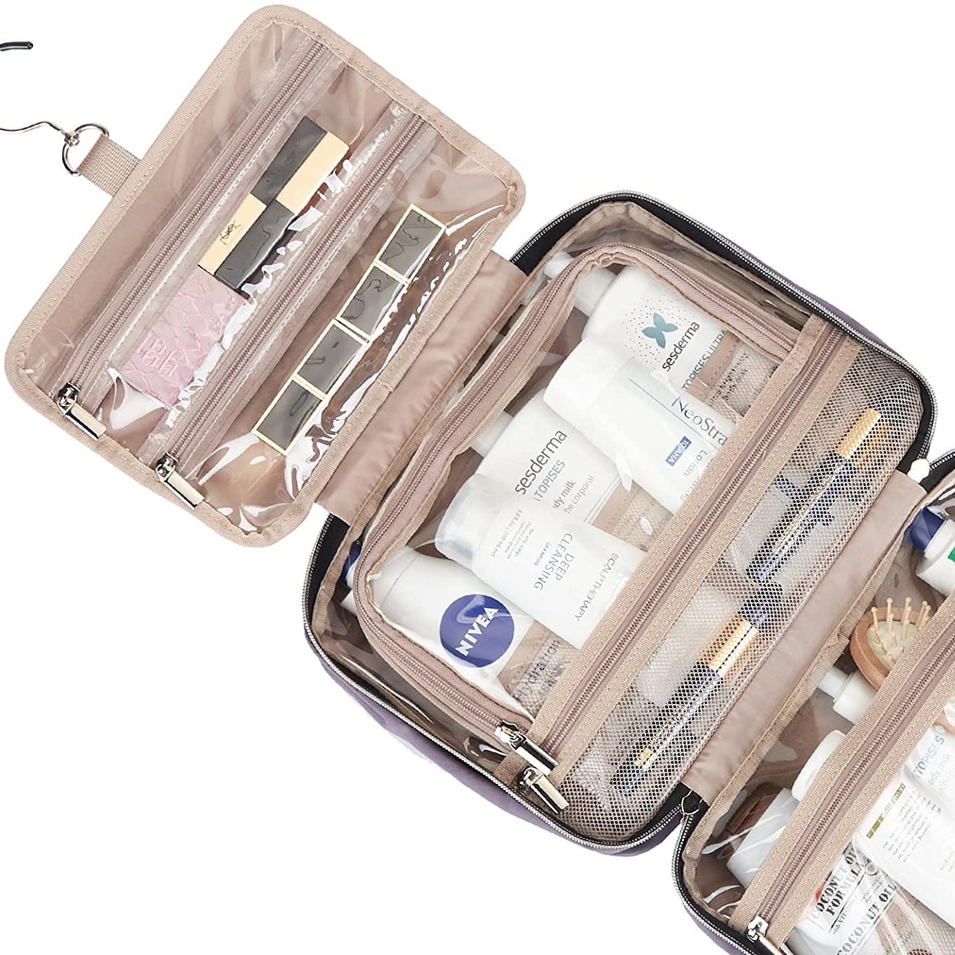 Bolsa de maquiagem de viagem rosa com logotipo personalizado bolsas de higiene pessoal à prova d'água grande capacidade organizador de cosméticos suporte de maquiagem com gancho para pendurar