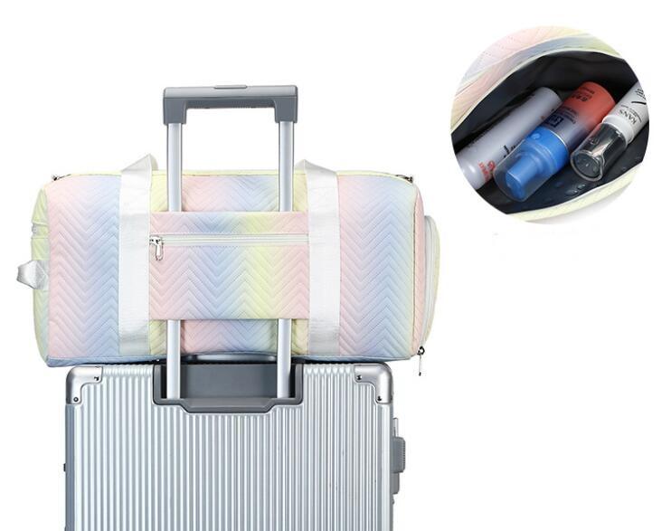 Bolsas de viagem esportivas de couro holográfico dobráveis ​​com compartimento para sapatos bolso molhado seco para mulheres